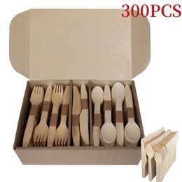 Disposable Take Out Containers 240 300pcs Wooden Cutlery Set Home Party Dessert Spoons Knives Forks Tableware Supplies Wedding Birthday 230620