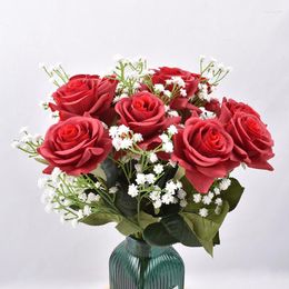 Decorative Flowers 41cm Rose Red Silk Artificial Bouquet High Quality Fake For Home Wedding Decoration Indoor