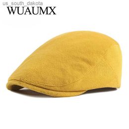 Wuaumx Spring Autumn Berets Hat Men knitting Visor Cap Casual Fashion Women Beret Solid Yellow Blue Peaked Flat Cap Duckbill Hat L230523