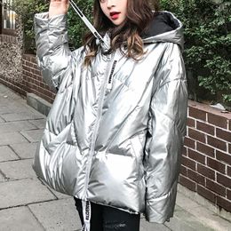 Women's Trench Coats Winter Fashion Glossy Bright Down Parka Women's Hooded Coat Female Zip Jacket Large Size Loose Warm Thick Women