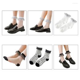 Women Socks Summer Thin Crystal Glass Fiber Ankle Sweet Polka Dot Ruffle Lace Top Harajuku Retro Transparent Silky 37JB