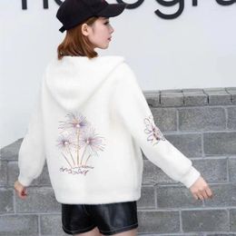 Women's Knits Korean Fashion Floral Hooded Cardigan Women Chic Soft Mink Cashmere Sweater Jacket Casual Single Breasted Fleece Knit Coat