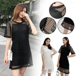 Casual Dresses Women Swimsuit Crochet Swim Cover Up Summer Bathing Knit Swimwear Pullover Dress Sleeve Short Suit Beach K0V7