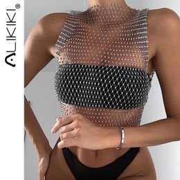 Women's Tanks Cami Hollow Out Sexy Bling Crystal Diamond Beading Camisole Night Party Club Fishnet Tank Top Shirt Mesh Crop 230621