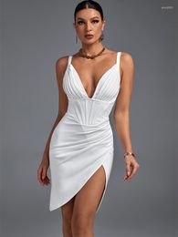 Casual Dresses Draped Bandage Dress White Bodycon Evening Party Elegant Sexy Spaghetti Strap Birthday Club Outfit 2023 Summer Arrival