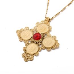 Pendant Necklaces Ethiopian Coin Rhinestone Zircon Stone Crystal Large Square Cross Necklace Women Gold Colour African Chain Jewellery