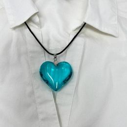 Pendant Necklaces Blue Heart Necklace For Men And Women Big Glass Puff Charm Black Leather Cord Choker Jewellery Gift