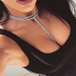 Pendant Necklaces Fashion Long Tassel Crystal Choker Necklace For Women Silver Color Double Layer Rhinestone Chain Party Jewelry