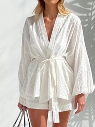 Women's Tracksuits Jyate Fashion Long Sleeve Robes Tops Two Piece Sets Women Autumn Casual White Wide-leg Shorts Elegant Loose Homewear