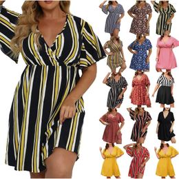 Casual Dresses Plus Size Women'S Dress Striped Printed Fashion Short Sleeve V-Neck High Waist Flowy Vacation Outfit Vestidos