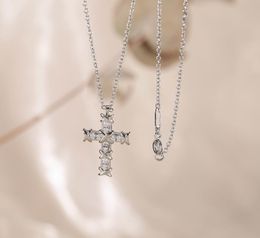 2023 lovely cute pendant Necklaces HIGH QUALITY long silver thin stainless steel chain diamond crystal cross design Women necklace with dust bag and box
