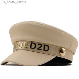 2022 New Women Black Military Hats Autumn Winter Fashion Wool Pu Leather Chain Newsboy Caps With Belt Female Gorras L230523