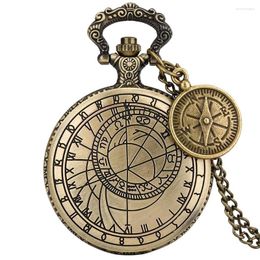 Pocket Watches Bronze Compass Geometry Prague Astronomical Design Quartz Watch Art Drawing Necklace Clock Pendant With Accessory