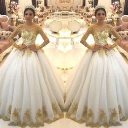 Elegante schiere lange Ärmel Spitze A-Linie Brautkleider 2019 Arabisch Organza Gold Applikation Perlen Hofzug Hochzeit Brautkleider B284J