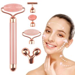 Home Beauty Instrument 5 in 1 24K Gold Bar Face Massager Electric Vibrating Rose Quartz 3D Roller Lifting Body Gua Sha Jade 230621