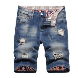 Summer Casual Shorts Fashion Slim Men's Ripped Hole Short Jeans Blue Knee Length Straight Trousers