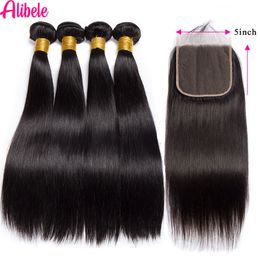 Hair Bulks Alibele 5x5 HD Lace Clre With Bundles Peruvian Straight 1030 Inch Long Human Weave 4x4Lace 230621