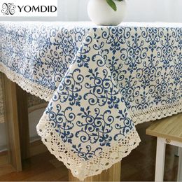 Table Cloth Blue Flower Retro Lace Tablecloth Chinese Style Cotton Table cloth Rectangular Dinning Table cloth for table Picnic 230621