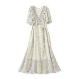 2023 Summer Blue Floral Print Dress Short Sleeve V-Neck Midi Casual Dresses W3L049813