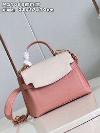 2023 Women's top-level original order, pink and white mini handbag made of grain cowhide leather, with shoulder and crossbody, and top handle for elegant portability