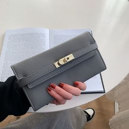 luxury designer wallet solid pu material fashion lychee pattern women handbag zipper lock button dark grid medium length