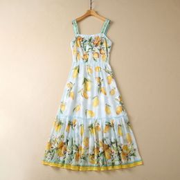 European and American women's clothes 2023 summer new sling Sleeveless heavy bead nailing fashion Pleated Dress in Lemon Print