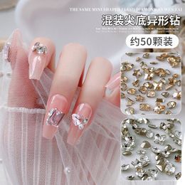 Nail Art Decorations 50pcs White Champagne Crystal Rhinestone Point Bottom Mixed Shape Glitter Gems DIY Decoration