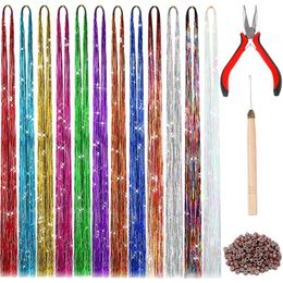 Hair pieces 20 Colours Shiny Threads Glitter Laser False Tinsel Kit String s Hippie Accessories for Women Headdress 230621