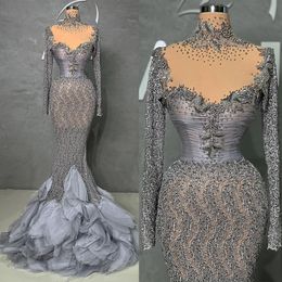 Sparkle Mermaid Evening Dresses Beads Sequins High Neck Dubai Prom Gowns Custom Made Crystal Long Sleeve Party Dresses
