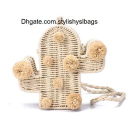 Evening Bags New high quality beach bag cactus Rattan Bag straw bag summer bags with pom women messenger handbag braided