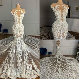 Sexy Sheer Neck Mermaid Wedding Gowns For Arabic 2021 Full Lace Plus Size Sweep Train Bridal Party Dresses Vestidos De Novia2481