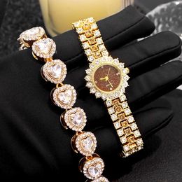 Watches Women Watch Gold Color Colorwatch Ladies Wrist Bracelet with Bling Heart Crystal Iced Out Tennis Chain Necklace Jewelry 230613