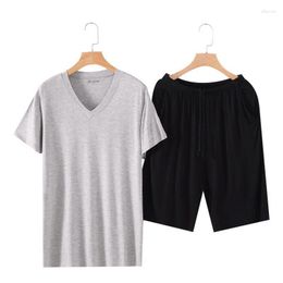 Men's Sleepwear Ice Silk Pyjamas Set V-neck Pullover Summer Short-sleeved For Men Casual Large Size Homewear 2 Pcs Suit T45