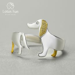 Lotus Fun Real 925 Sterling Silver Cute Dachshund Dog Adjustable Rings for Women Original Fashion Dating Jewellery Female Gift