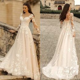Elegant O-Neck Lace A Line Boho Wedding Dresses Sheer Long Sleeves Tulle Applique Sweep Train Wedding Bride Gowns With Lace up Bac278A
