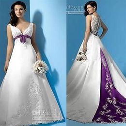 Plus Size White and Purple Wedding Dresses Empire Waist V-Neck Beads Appliques Satin Sweep Train Bridal Gowns Custom Made 2019 3259