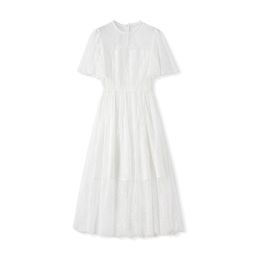 2023 Summer White Floral Embroidery Lace Dress Short Sleeve Round Neck Sequins Classic Casual Dresses W3L045104