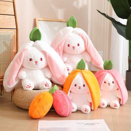 Plush Dolls Kawaii Long Ears Rabbit Turn to Strawberry Carrot Plush Toy Stuffed Animals Bunny Soft Kid Sleeping Pillow Doll Cuddly Gift 230621