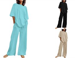 Women's Casual Cotton Linen 2-piece set Half-sleeve O-neck Top T Shirt Top Blouse and wide-leg pant With Pocket Suits