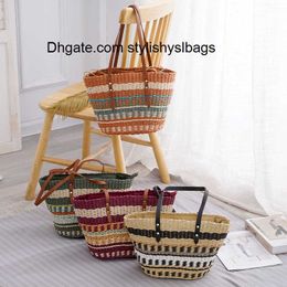 Evening Bags Colourful striped straw bag soft leather handle handbag women's large capacity tote bag fashionable popular woven cabbage basket