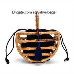 Evening Bags Handmade Tassel Half Moon Bamboo Tote Women's bamboo Handbags Ladies Fashion Beach Top Handle Bag