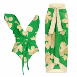 Womens Swimwear Swimsuit Women with Cover Bowknot Green Floral Beachwear Luxury Elegant Brazilian Beach Bathing Suit 230620