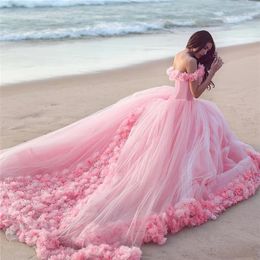 2021 Pink Cloud 3D Flower Rose Wedding Dresses Long Tulle Puffy Ruffle Robe De Mariage Bridal Gown Said Mhamad275V