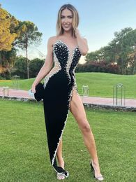 black Luxury Crystal Black Evening Dresses sweetheart see through waist Mermaid Rhinestone Beading side slit Sexy Prom Party Dress Long vestidos de gala