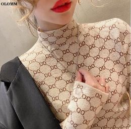grey Womens stretch turtleneck sweater keeps warm letter ribbed knitted pullover new fashion punk top for autumn and winter