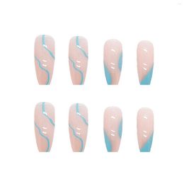 False Nails Blue Ripple Decor Long Artificial Full Cover Square Nail For Women And Girls Home Salon