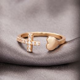 INS Women's Classic Zircon Cross Heart Ring Y2k Summer New Rose Gold Opening Adjustable Cute Elegant Wedding Jewelry Gift