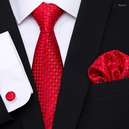 Bow Ties Wedding Workplace's Tie For Men Jacquard Handkerchief Cufflink Set Necktie Shirt Accessories Dark Red Year's Day