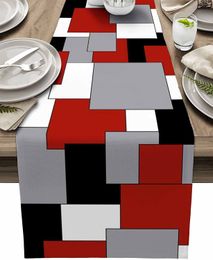 Table Runner Creative Geometric Red Black Grey Blocks Splice Table Runner Linen Tabletop Decoration for Wedding Kitchen Holiday Party Home 230621