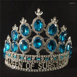 Headpieces Large Wedding Pageant Tiara Diadem 5.5" Blue Rhinestone Crown Gold Bridal